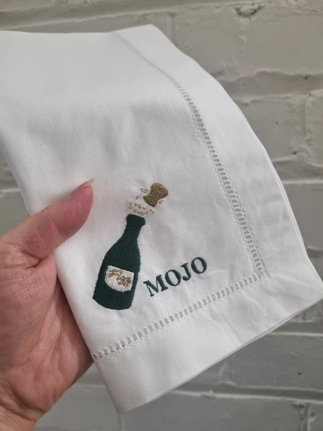 Champagne Bottle embroidered napkins, personalised
