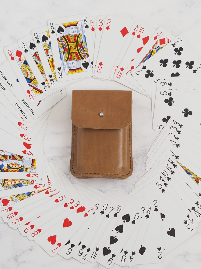 tan brown leather playing card case