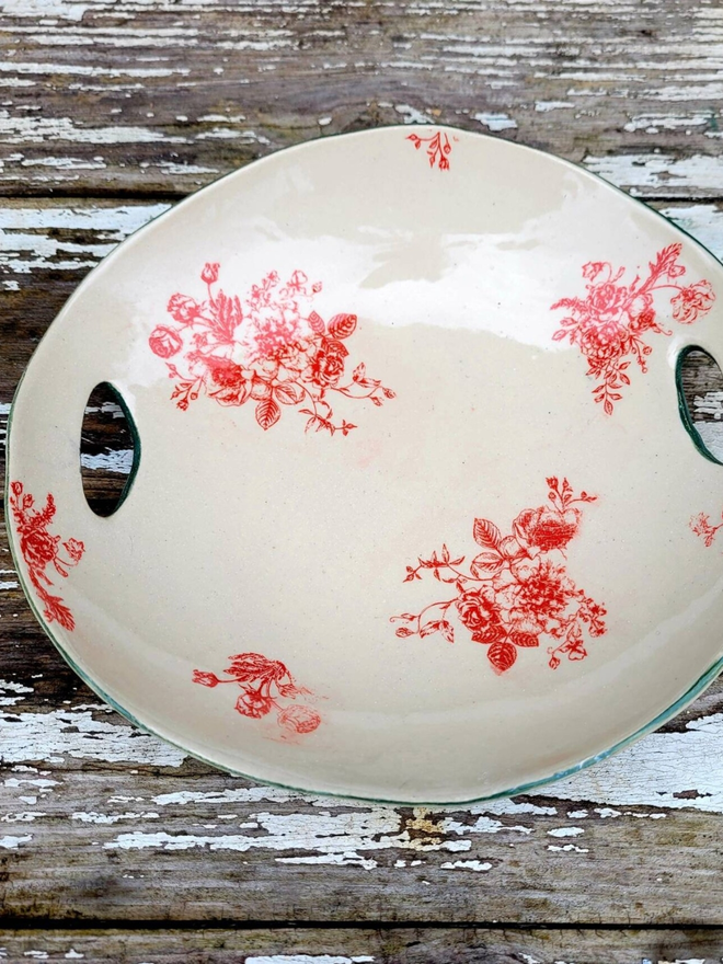 Floral White Ceramic Dish With Cut Out Handles