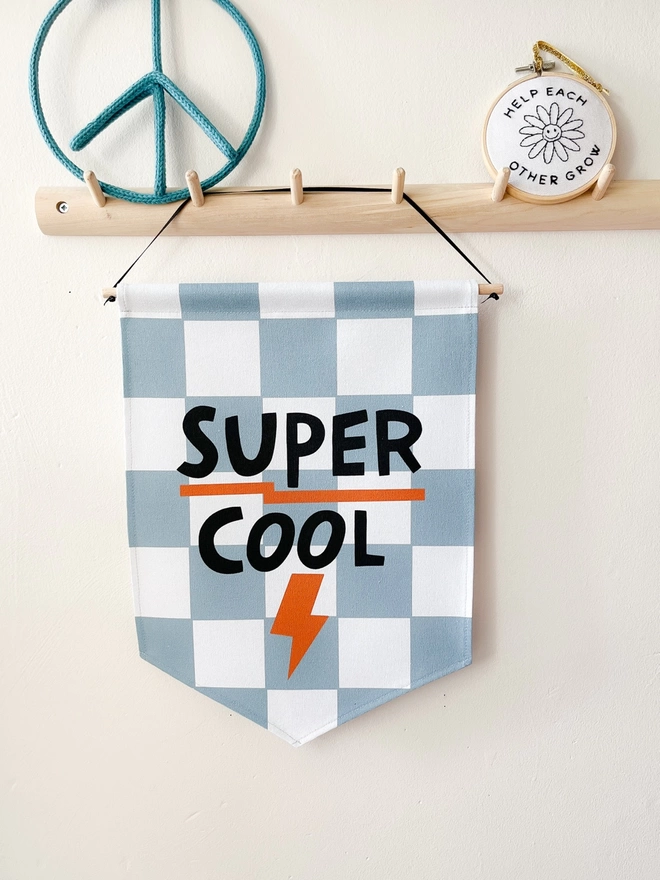 Blue chequered wall banner with the writing super cool in black