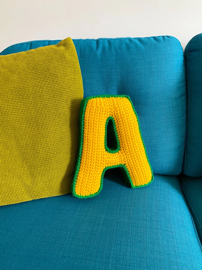 Crochet Letter A In Sunshine Yellow & Grass Green