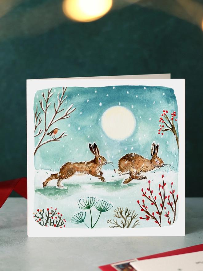 Two Hares Running Blank Christmas Card