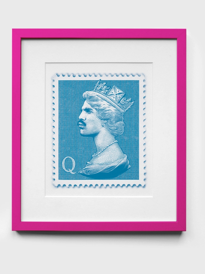 Freddie Mercury Blue Stamp - Neon Pink Frame