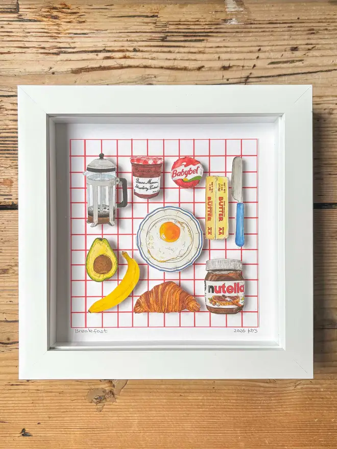 Illustrated 3D paper collage showing favourite breakfast staples on a red and white background 