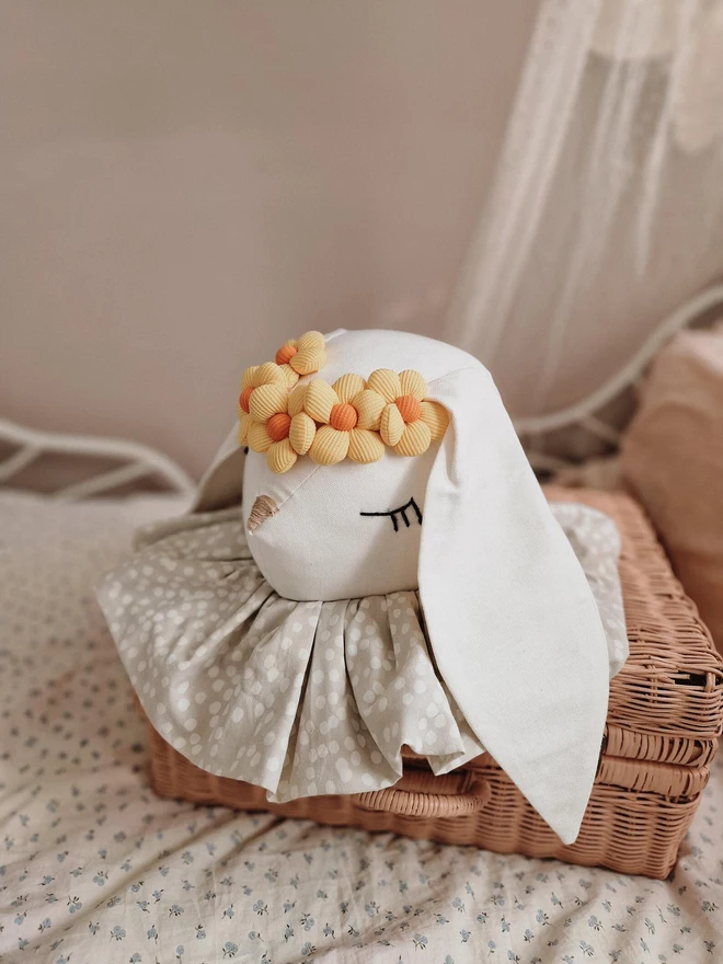 Rabbit Head Wall Mount, a cotton rabbit head wall decoration in a child's bedroom accompanied by other bedroom accessories. 