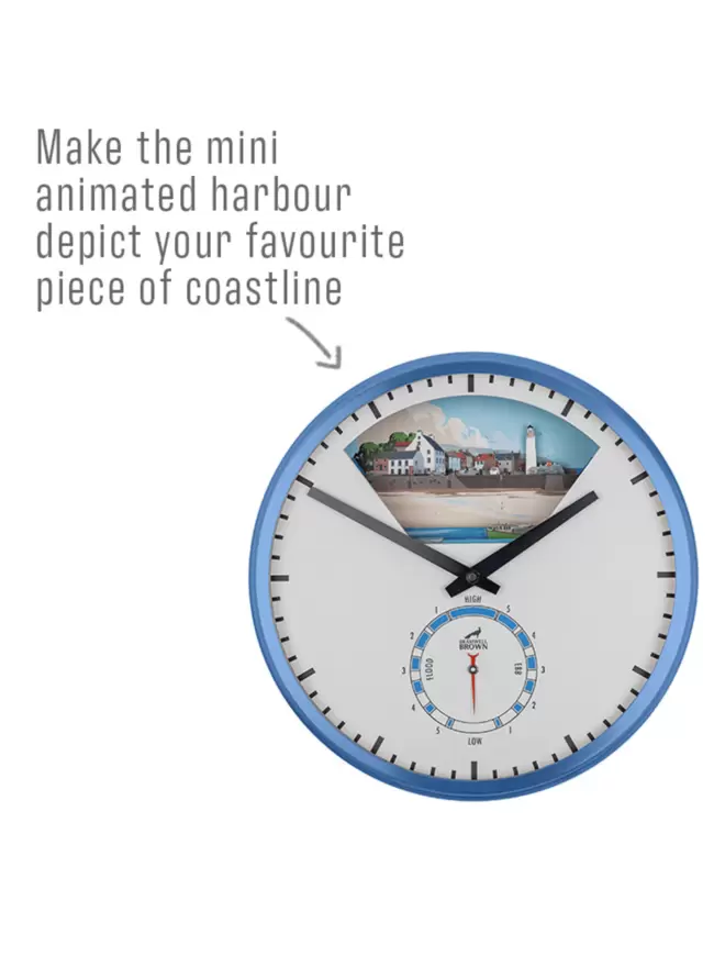 Infographic of a Bramwell Brown Bespoke Tide Clock detailing that it is possible to make the animated harbour scene depict your favourite piece of coastline