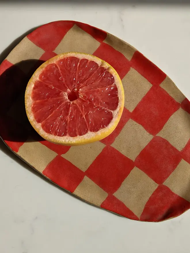 Red Checks Oval Serving Plate