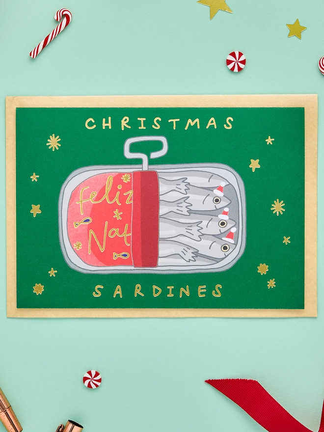 Christmas Card Featuring a Pack of Sardines