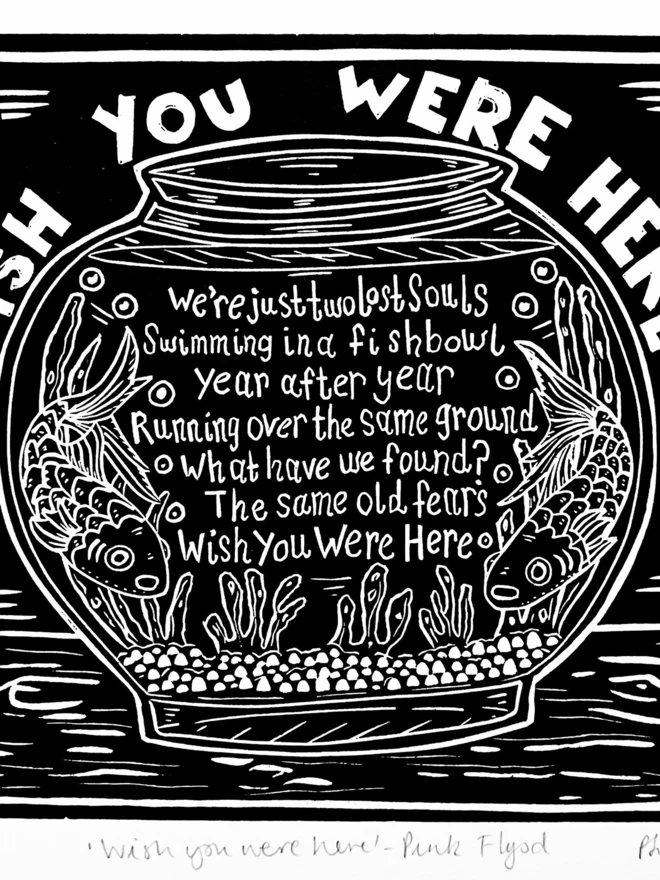 wish you were here pink floyd lyric lino print