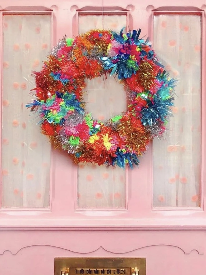 Rainbow Pom Pom Tinsel Wreath