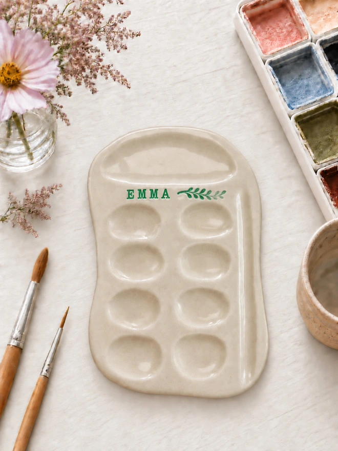 handmade personalised ceramic paint palette, jenny hopps pottery
