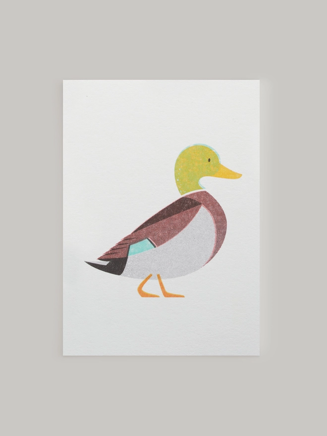 A cute little mallard duck is beautifully illustrated and risograph prints in vibrant colours on this mini greeting card. The card comes complete with a contrasting envelope and is blank inside.