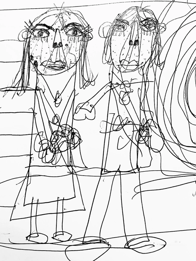 Pipers unique black line drawing in her rapid style where she hardly takes the pen off the paper.  There are dots all over their faces which Piper calls their beauty speckles meaning freckles. Piper holds a bouquet of flowers and Tony is reaching his hand out for hers.