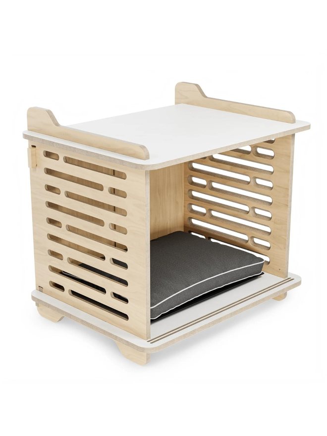 wooden dog crate interior side view with cushion