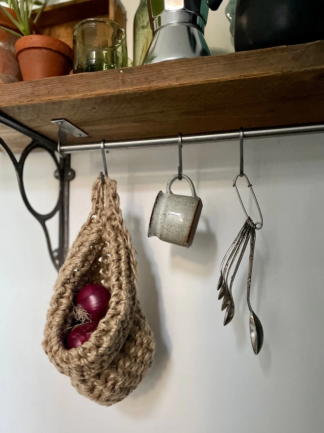 Large Natural Jute Hanging Storage Basket, handmade sustainable crochet decor, rustic natural organic homeware accessories , brown strong jute storage solution, kitchen bathroom bedroom hanging storage bag