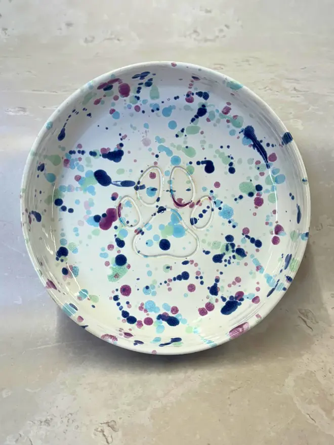 Sweetpea Dog Bowl, a colourful dog bowl placed on a stone surface. 