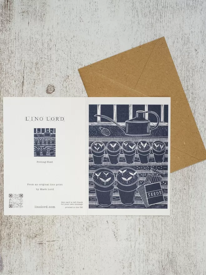 Greeting Card with an image In The Potting Shed, taken from an original lino print