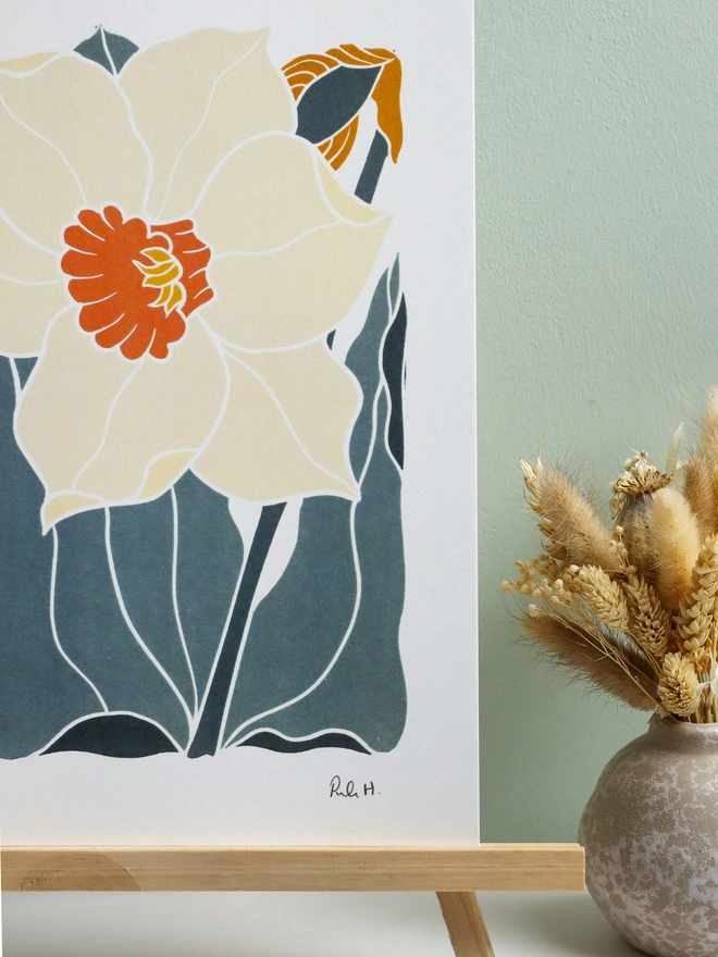 A carefully printed daffodil spring flower design on 300gsm cotton paper, ready for framing.
