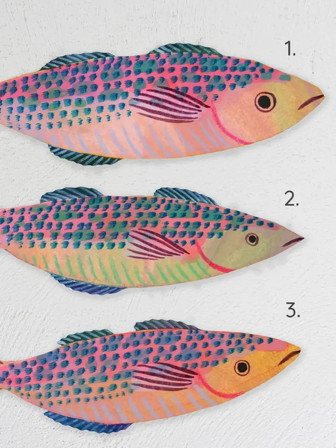 wooden mackerel wall decoration. three mackerel decorations hung up on white wall, labelled 