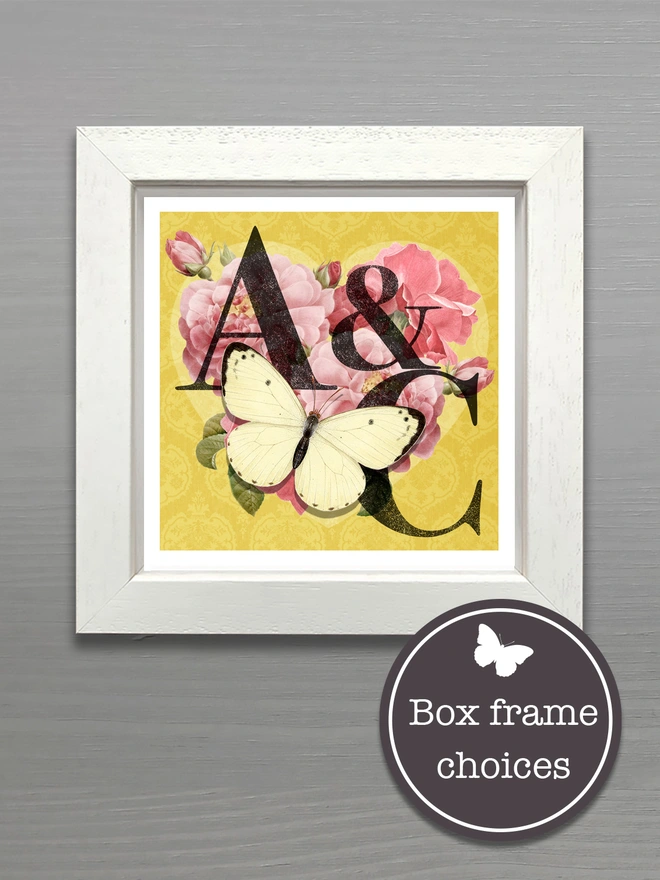 An image of a framed Golden Anniversary butterflygram card  in a white box frame option.