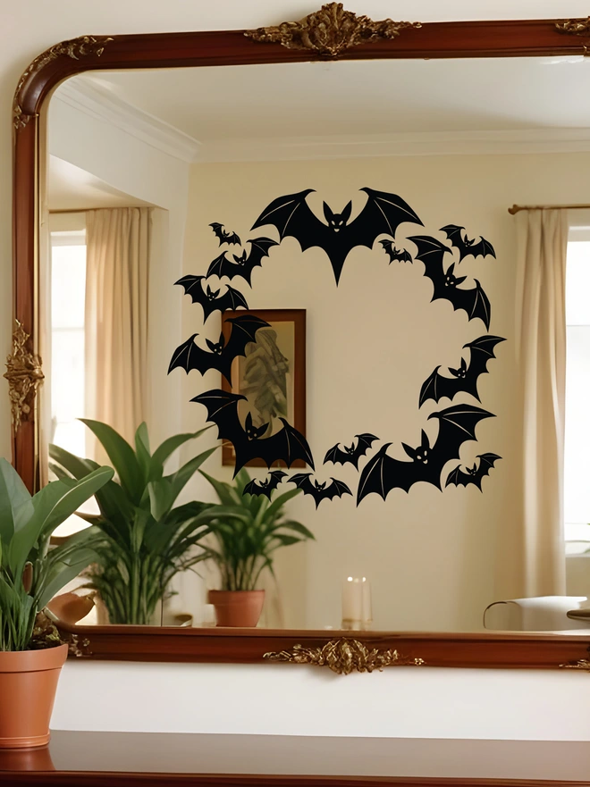 Flying Bats Circular Wreath Wall Decal for Gothic and Halloween Interior Decor