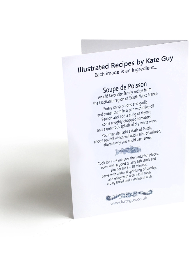 Fish Soup Recipe Greetings Card back - linocut by Kate Guy