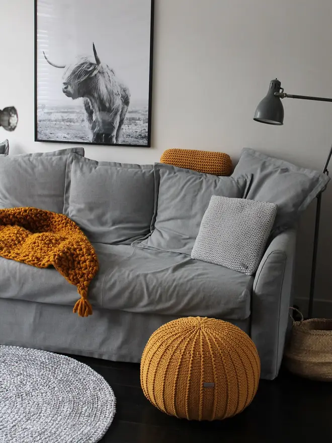 mustard cotton pouffe ottoman footstool living room
