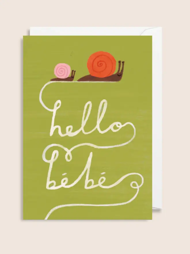 'Hello Bebe' Snail New Baby Card, against a pink background. 
