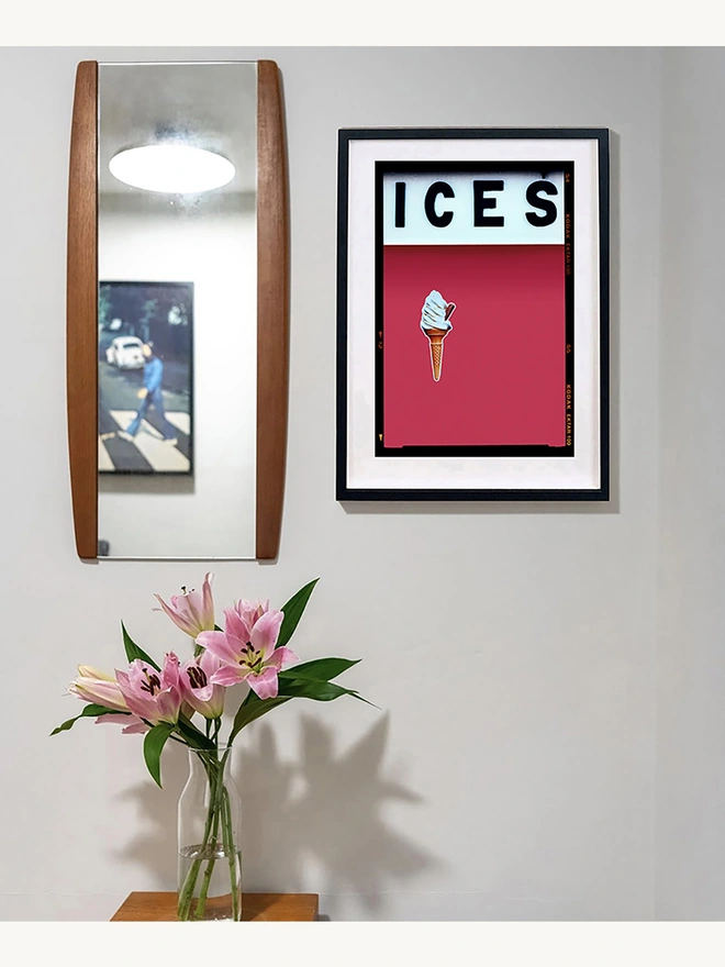 Richard Heeps Ices red colour typography photography pop art print framed in black in situ