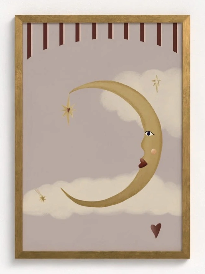 La Lune d'Amour Art Print, a moon print hanging on a coloured wall. 