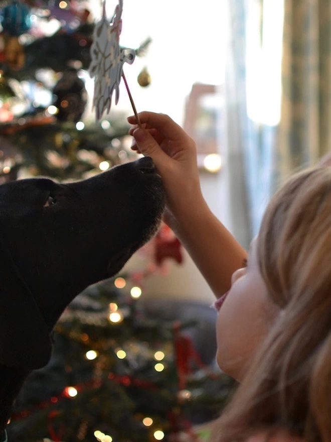 A small child adding decorations to a Christmas tree with her dog
