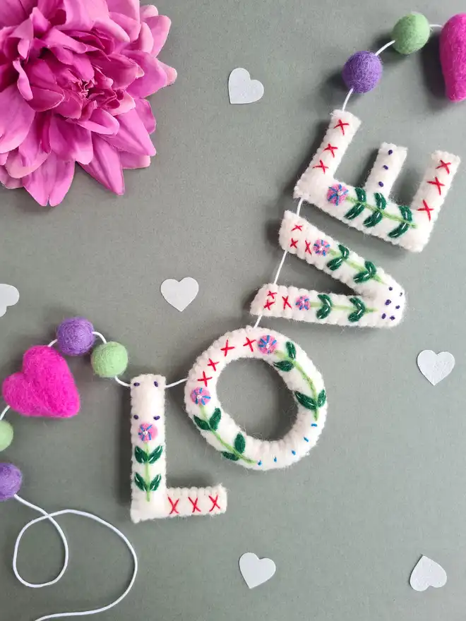 Embroidered Felt 'Love' Valentine Garland