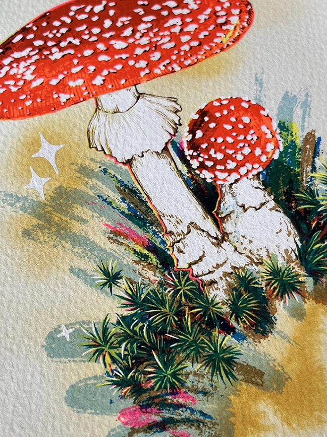 Fly agaric mushroom screenprint artwork by London based artist Kath Leone