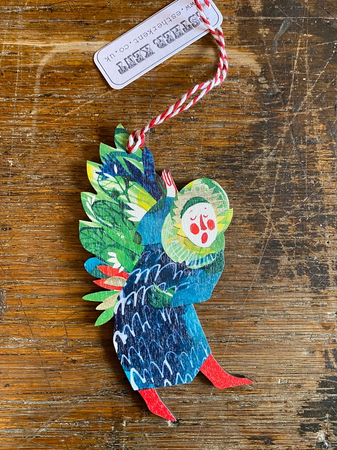 Esther Kent Snging Angel blue, red and green hanging angel decoration laser cut from wood