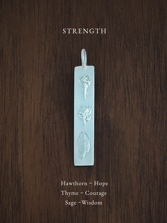 Strength bar pendant in sterling silver on a dark background with the meaning of the flowers written in white