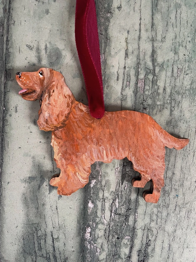 Ginger Cocker Spaniel Handpainted Dog Portrait Decoration hung with red velvet ribbon 