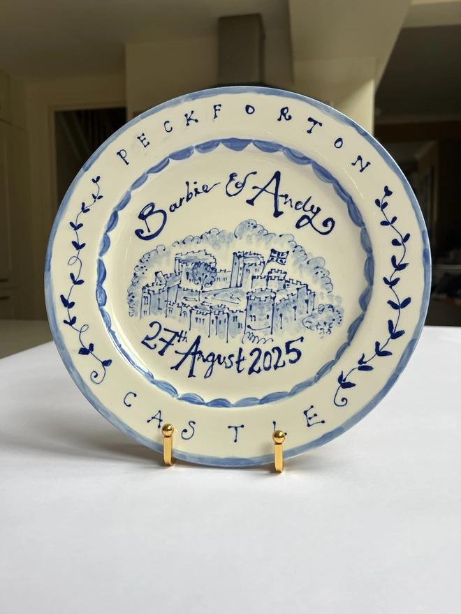 Hand painted custom order wedding venue plate for the date and location of a very special day, here in a stand, or on the wall. 