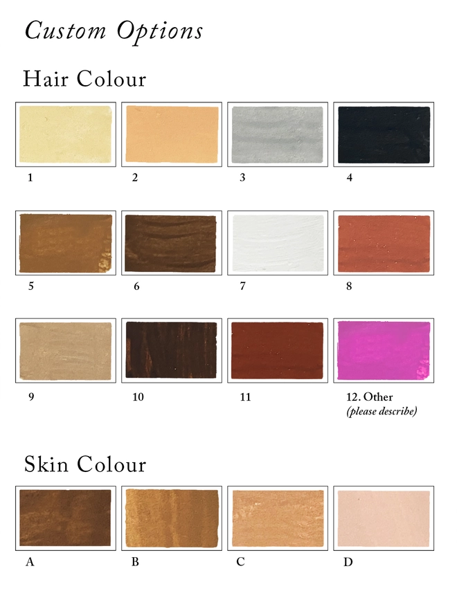 A colour chart with visual references and written descriptions of the options for customising the figurine’s skin and hair colour