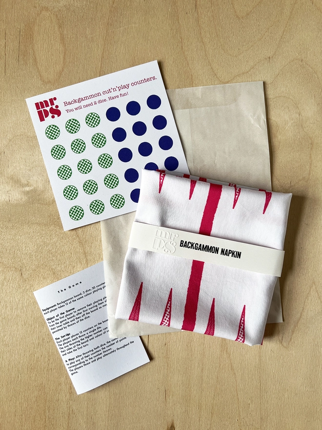 Mr.PS Backgammon Napkin with the printed cut-out counter card and rules