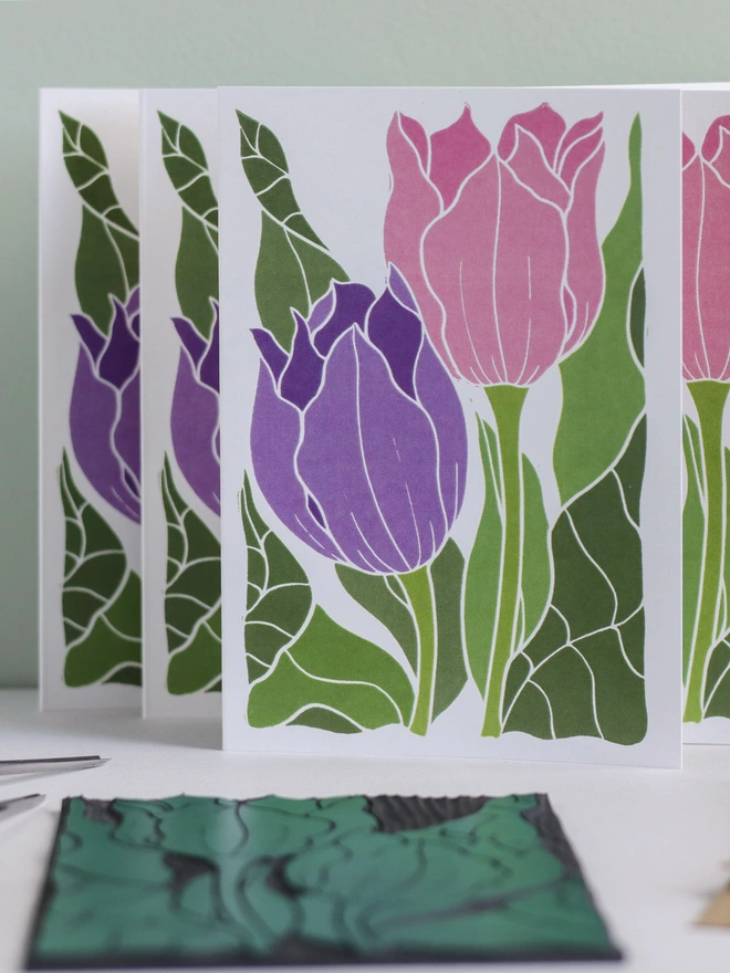 Spring tulip linocut garden flower notecards