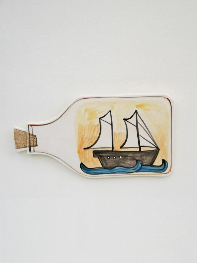 handmade ceramic wall art, seaside, ship in bottle, prawns, ceramic prawns, ceramic, crab band, wall hanging, fun ceramics