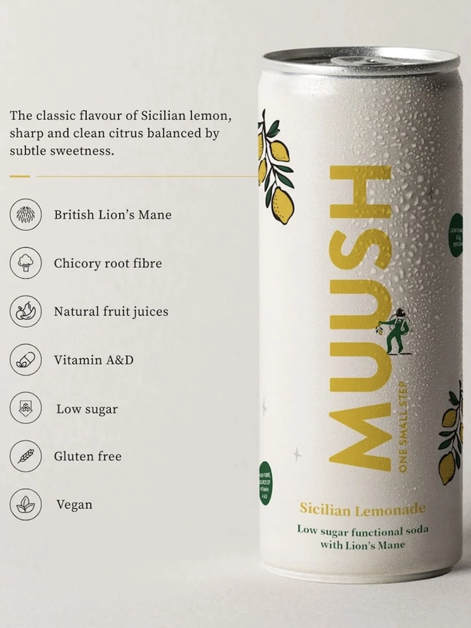 Sicilian Lemonade Cans (Pack Of 12), an infographic detailing the benefits and contents of the drink. 