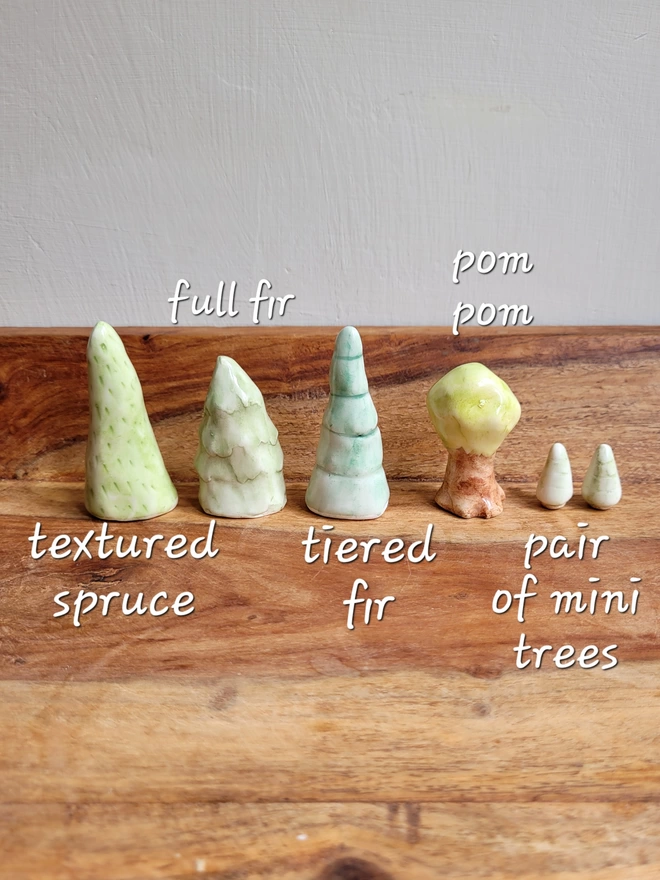 a row of green pottery ceramic trees with a text description of each on a wooden surface