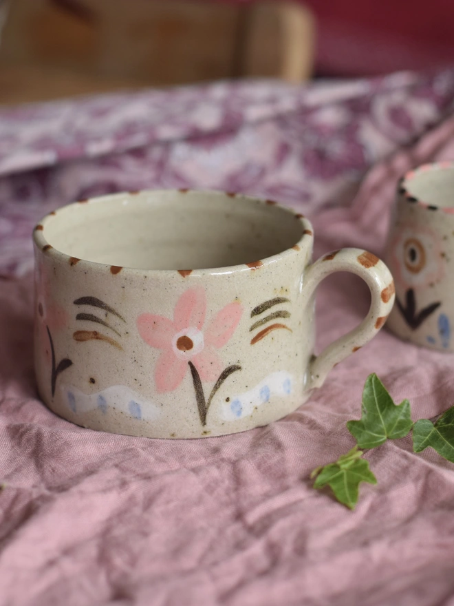 handmade ceramic floral mug with pink flowers