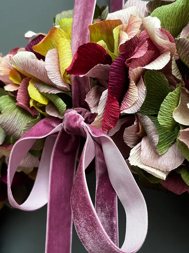 Green, Plum & Pink Crepe Paper Christmas Wreath