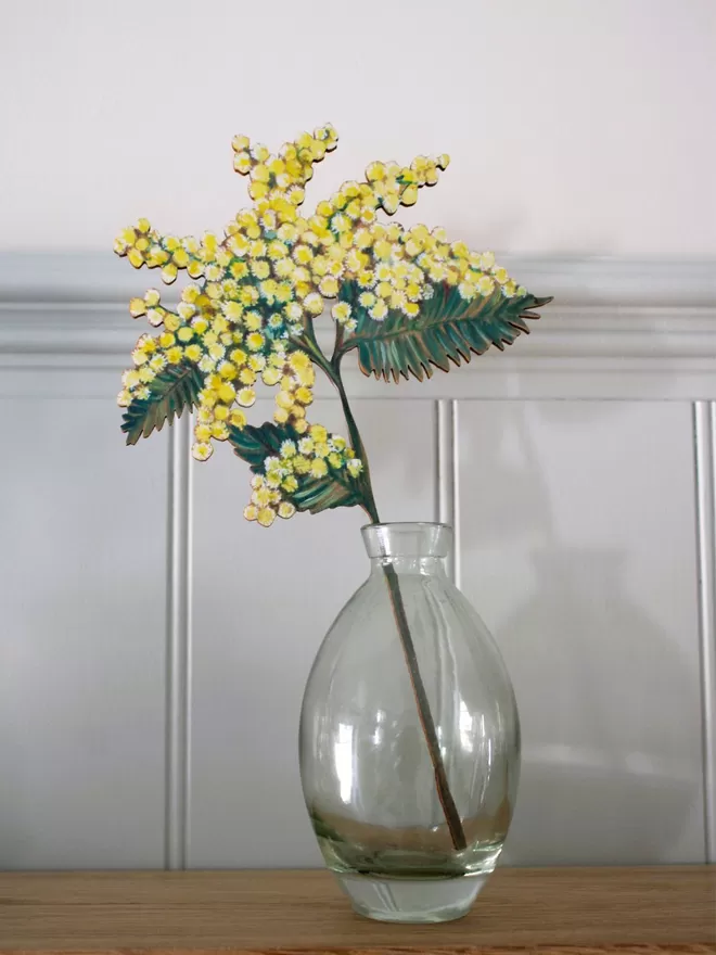 Wooden Mimosa Stem, displayed in a vase