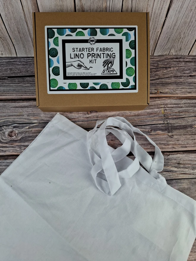 Basic Lino Fabric Carving and Printing Craft Kit with fabric ink stamp pad. White tote bag option