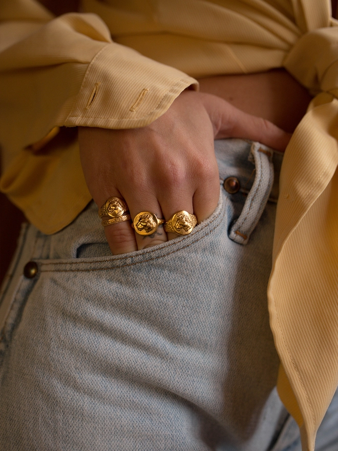 Lioness signet ring stack