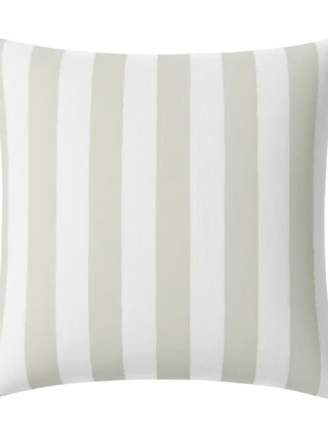 Hand Painted Sustainable Linen Cushion In Stripe Print, a metallic silver striped cushion against a white background. 
