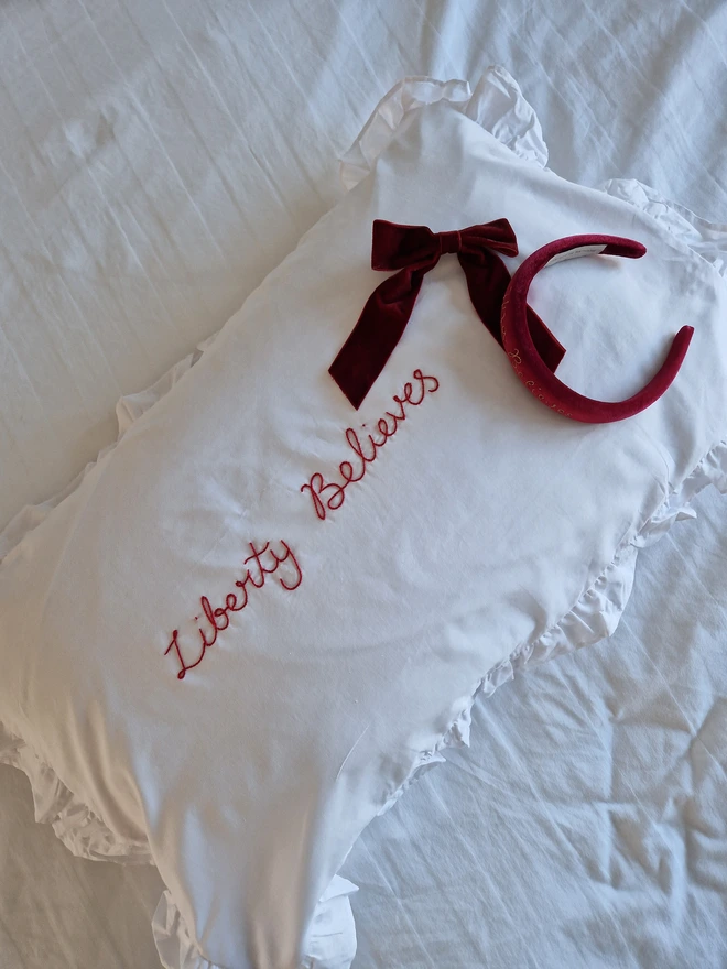 hand embroidered name believes pillowcase